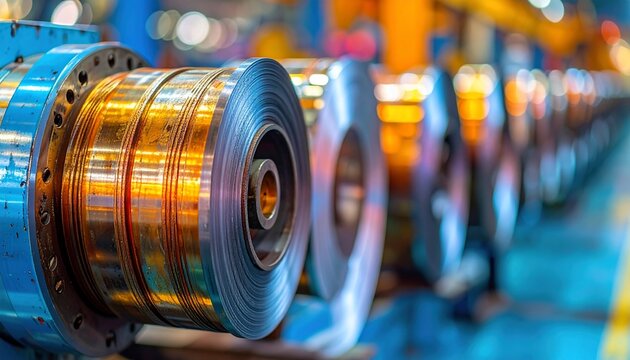Shiny steel coils on machine in factory setting with industrial production, and metal background.