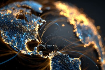 world map glowing with gold and blue lines showing trade and finance routes, global fintech connection