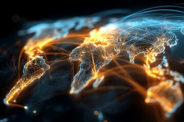 world map glowing with gold and blue lines showing trade and finance routes, global fintech connection