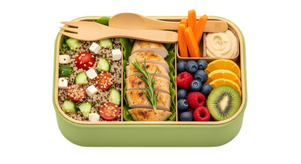 Healthy lunch box ideas for adults with chicken quinoa salad and fresh fruit snacks on transparent background
