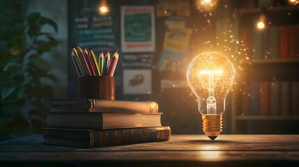 Glowing light bulb beside books and colored pencils in study space. Creative lighting setup with a glowing light bulb, books, and colorful pencils