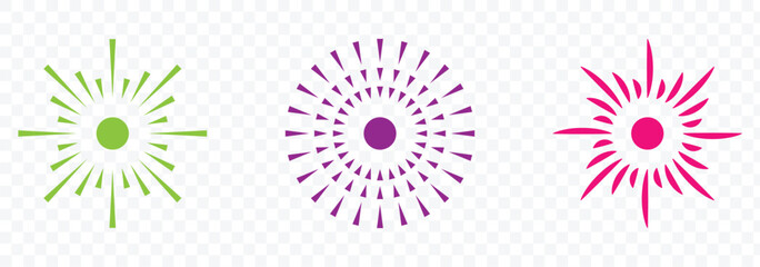 Round fireworks sunburst explosion set. Set of Sparkles and Bursts. Minimal design. Geometric Shapes , Light Ray Collection. Elegant vintage thin sun ray or sunburst vector illustration.