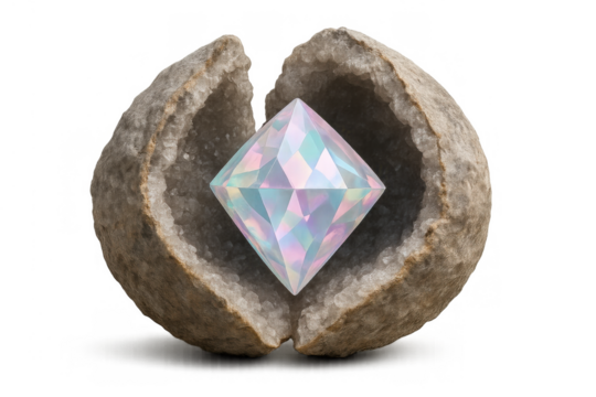 Iridescent gemstone floating between natural geode halves, symbolizing valuable discovery and hidden treasure on transparent background
