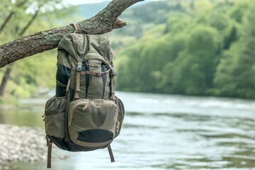 backpack hang on tree branch near river. Outdoor camping and exploration