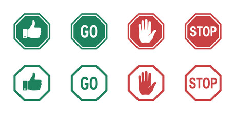 Go stop signs with thumbs up and hand gesture vector symbols