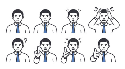 Businessman displaying diverse emotional reactions and gestures