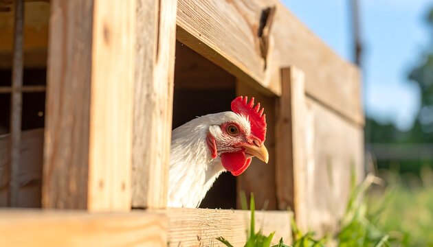 A close-up view of a chicken peering out of a wooden coop. The bird has white feathers and a red comb, with natural sunlight
