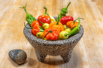 Colorful Hot Sweet Peppers, Fresh Chili Salsa Healthy Ingredients, Molcajete Volcanic Stone Mortar Pestle Bowl