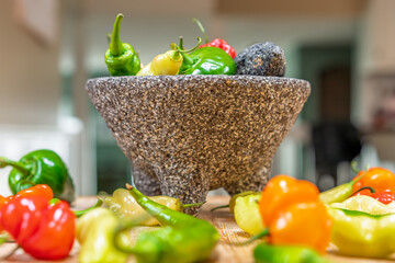 Colorful Hot Sweet Peppers, Fresh Chili Salsa Healthy Ingredients, Molcajete Volcanic Stone Mortar Pestle Bowl