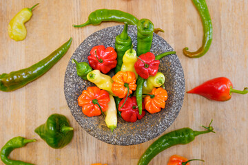 Colorful Hot Sweet Peppers, Fresh Chili Salsa Healthy Ingredients, Molcajete Volcanic Stone Mortar Pestle Bowl