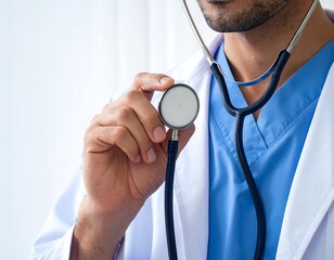 A medical professional holding a stethoscope, close-up with focus on the device. Soft lighting and white lab coat create a clean atmosphere