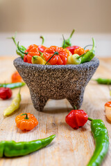 Colorful Hot Sweet Peppers, Fresh Chili Salsa Healthy Ingredients, Molcajete Volcanic Stone Mortar Pestle Bowl