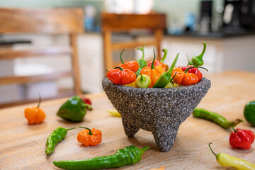 Colorful Hot Sweet Peppers, Fresh Chili Salsa Healthy Ingredients, Molcajete Volcanic Stone Mortar Pestle Bowl