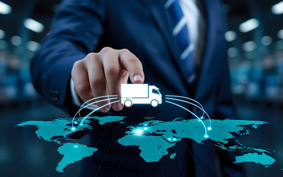 Businessman holding a miniature truck above a digital world map, illustrating global logistics and supply chain management