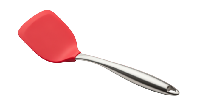 A bright red silicone spatula with a sleek stainless steel handle is shown against a white background.