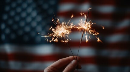 Hand holding two glowing sparklers against a blurred background of the american flag