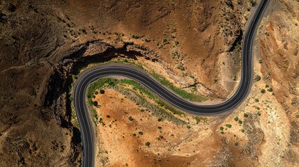 A winding asphalt road snaking through dry, rugged desert canyon terrain, aerial top view shot.