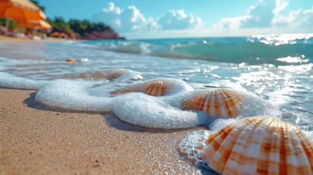 Scattered shells on a tranquil beach with gentle waves and sunlit shore.