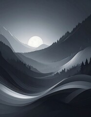 A monochromatic mountain vista features layered, flowing hills and dark trees under a moonlit sky, creating depth and a serene atmosphere