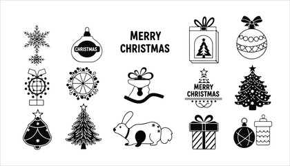 A collection of black and white Christmas-themed illustrations and text, perfect for holiday-themed designs.
