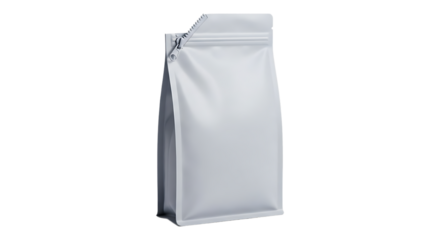 A white resealable pouch stands upright on a plain white background viewed from the front