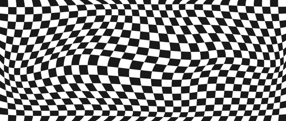 Obraz na płótnie Canvas Trippy checkerboard background. Retro psychedelic checkered wallpaper. Wavy groovy chessboard surface. Distorted geometric grid chess pattern. Abstract black and white race flag backdrop. Vector