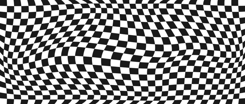 Trippy checkerboard background. Retro psychedelic checkered wallpaper. Wavy groovy chessboard surface. Distorted geometric grid chess pattern. Abstract black and white race flag backdrop. Vector