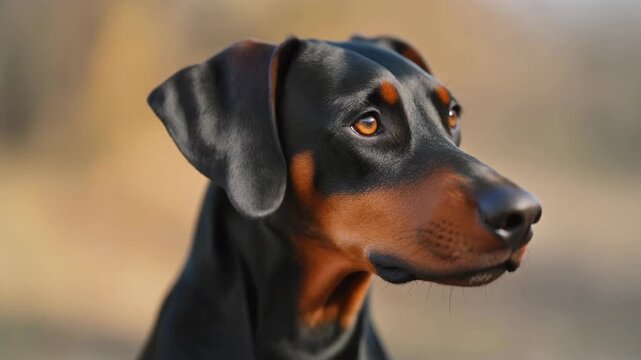 Noble Doberman Pinscher portrait, showcasing its striking black and tan coat and intelligent eyes against a soft, blurred background, a loyal and elegant companion.