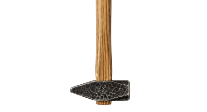 A close-up shot of a blacksmith's hammer with a wooden handle against a white background.