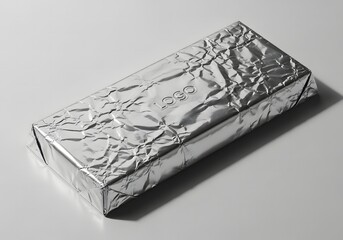 A rectangular bar of chocolate wrapped in crinkled silver foil, casting a soft shadow on a plain white surface