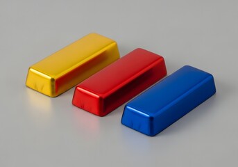 Three shiny metallic ingots in primary colors, yellow, red, and blue, arranged in a row on a neutral gray background, representing wealth and investment