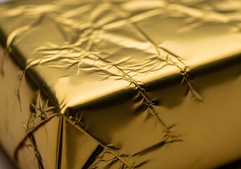 Closeup macro shot of a golden gift box wrapped in shiny, crinkled foil, highlighting its luxurious texture and reflective surface, perfect for celebrations and premium product packaging