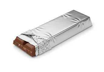 A delicious milk chocolate bar, partially unwrapped, isolated on a white background, showcasing its rich texture and tempting appeal for confectionery and snack advertising