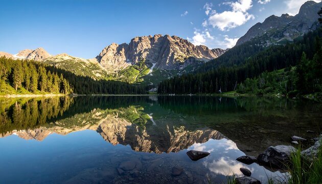 Stunning mountain lake scene, with reflection of peaks and trees