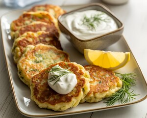 Golden-brown savory pancakes served with fresh dill, lemon wedges, and creamy sauce — a perfect homemade comfort dish.