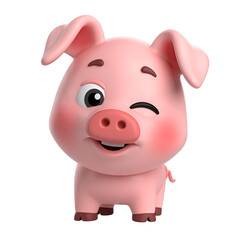 Cute cartoon pig character winking with a big smile and rosy cheeks isolated on a transparent background in a 3D render