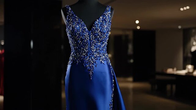 Elegant blue evening gown on a mannequin display