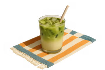 Refreshing cold matcha tea drink prepared with milk, ice, and a bamboo straw, on a checkered placemat