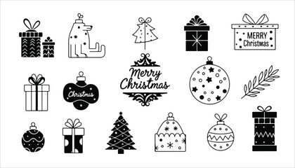 A collection of Christmas-themed line art illustrations including gifts, ornaments, a Christmas tree, and a stylized elf, arranged in a grid pattern.