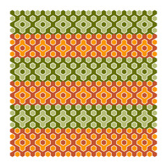 Seamless Geometric Pattern with Retro Hexagon Motifs in Green and Orange