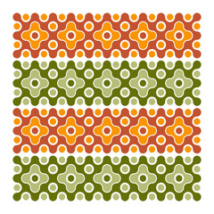 Seamless Retro Geometric Pattern with Circular and Floral Motifs in Green and Orange