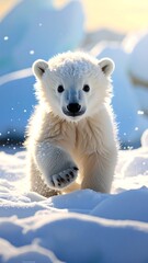 Obraz premium A fluffy, adorable baby polar bear takes a step forward in a snowy environment with icebergs in the blurred background