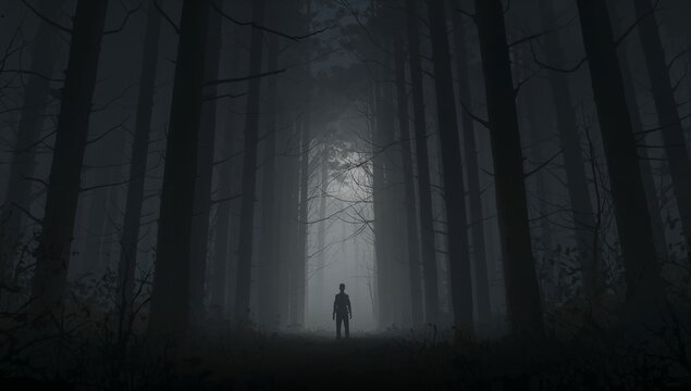 Solitary figure in dense mysterious misty forest at twilight - Powered by Adobe