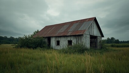 Obraz premium Weathered barn with rusty roof in overgrown field under cloudy sky