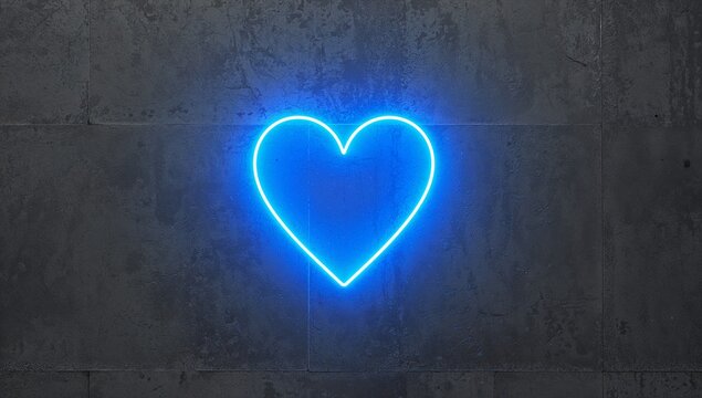 Bright blue neon heart sign glowing on a textured concrete wall