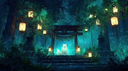 Glowing spirit fox sitting at a mystical japanese shrine entrance in a dark fantasy forest