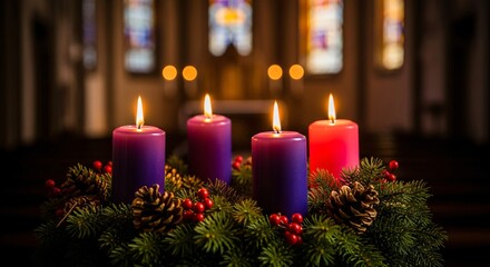 Advent Wreath Candles Lit for First Sunday of Advent Celebration & Christian Hope