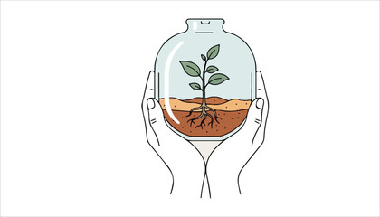 Hands gently holding a glass jar containing a small plant growing in soil, symbolizing care, growth, and environmental awareness.