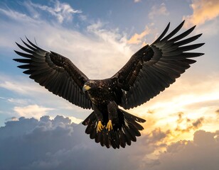 Obraz premium A large bird with majestic wings outstretched soars through a cloudy sky, bathed in the golden light of sunset