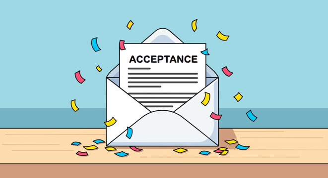 A cartoon-style digital illustration of an acceptance letter envelope on a desk with confetti around.